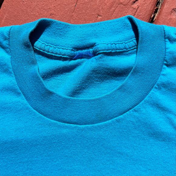 Vintage 80s OP Ocean Pacific Surfing T Shirt Blue Green Single Stitch Baby Tee - Picture 7 of 9